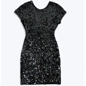 Carmen Marc Valvo Cocktail Dress Sz M Silver Hand Sequined Beaded V Back Shimmer